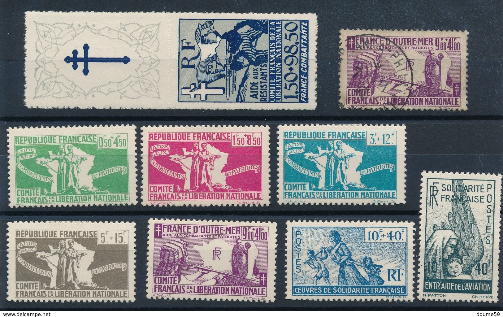 CF-199: FRANCE: Lot FRANCE LIBRE 1943 N°1/5*-5 Obl- 6**-7*-PA1* - Guerre (timbres De)