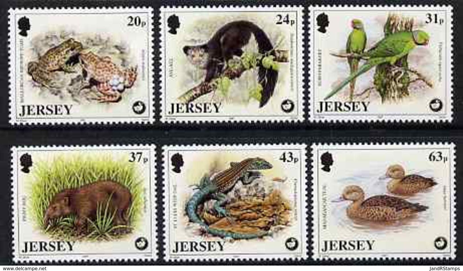 Jersey 1997 Wildlife Preservation Trust (6th Series) ANIMALS PIGS BIRDS PARROTS DUCKS REPTILES FROGS Set Of 6  U/m SG 82 - Jersey