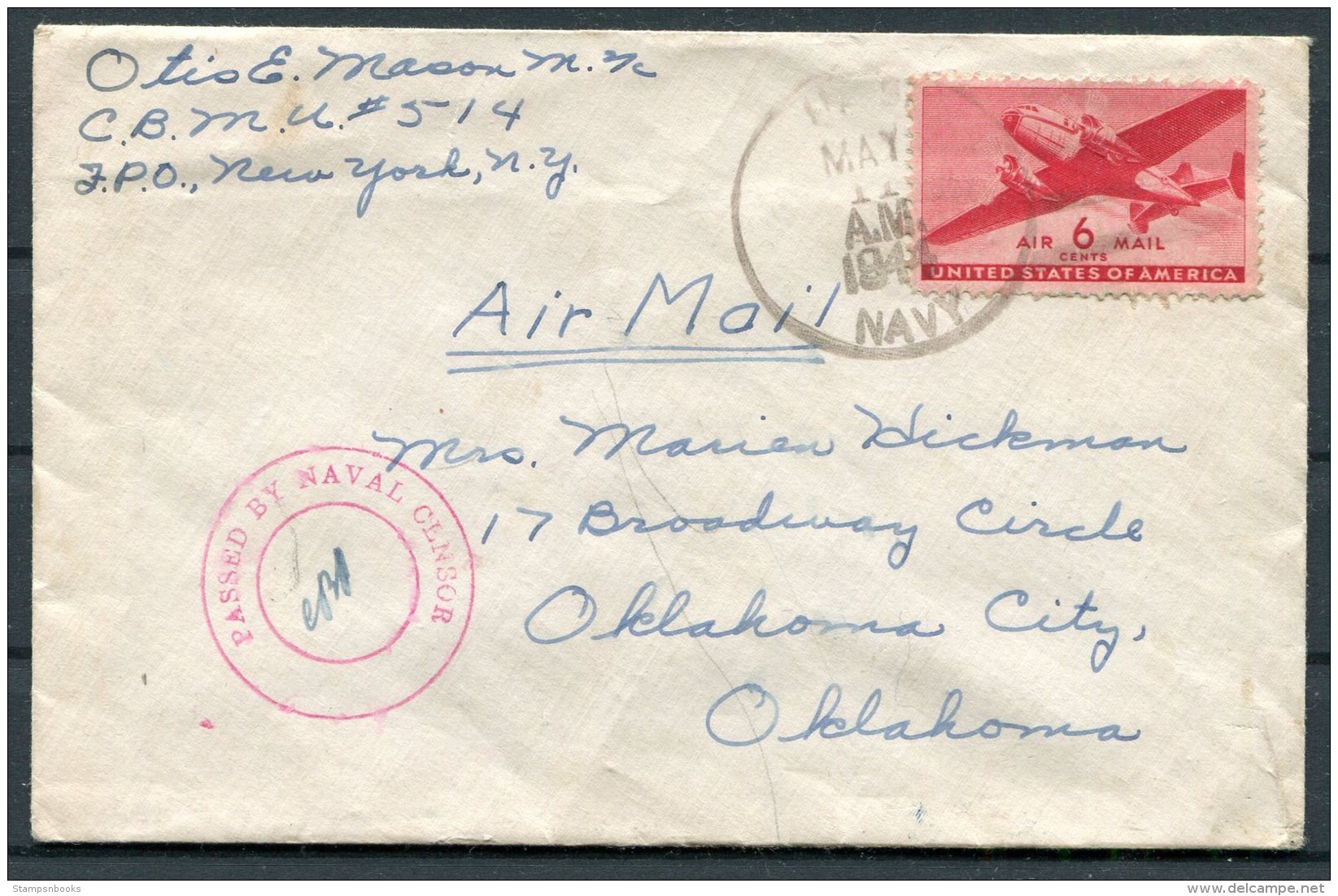 1944 Iceland US Navy Censor Cover - Oklahoma City, USA - Lettres & Documents