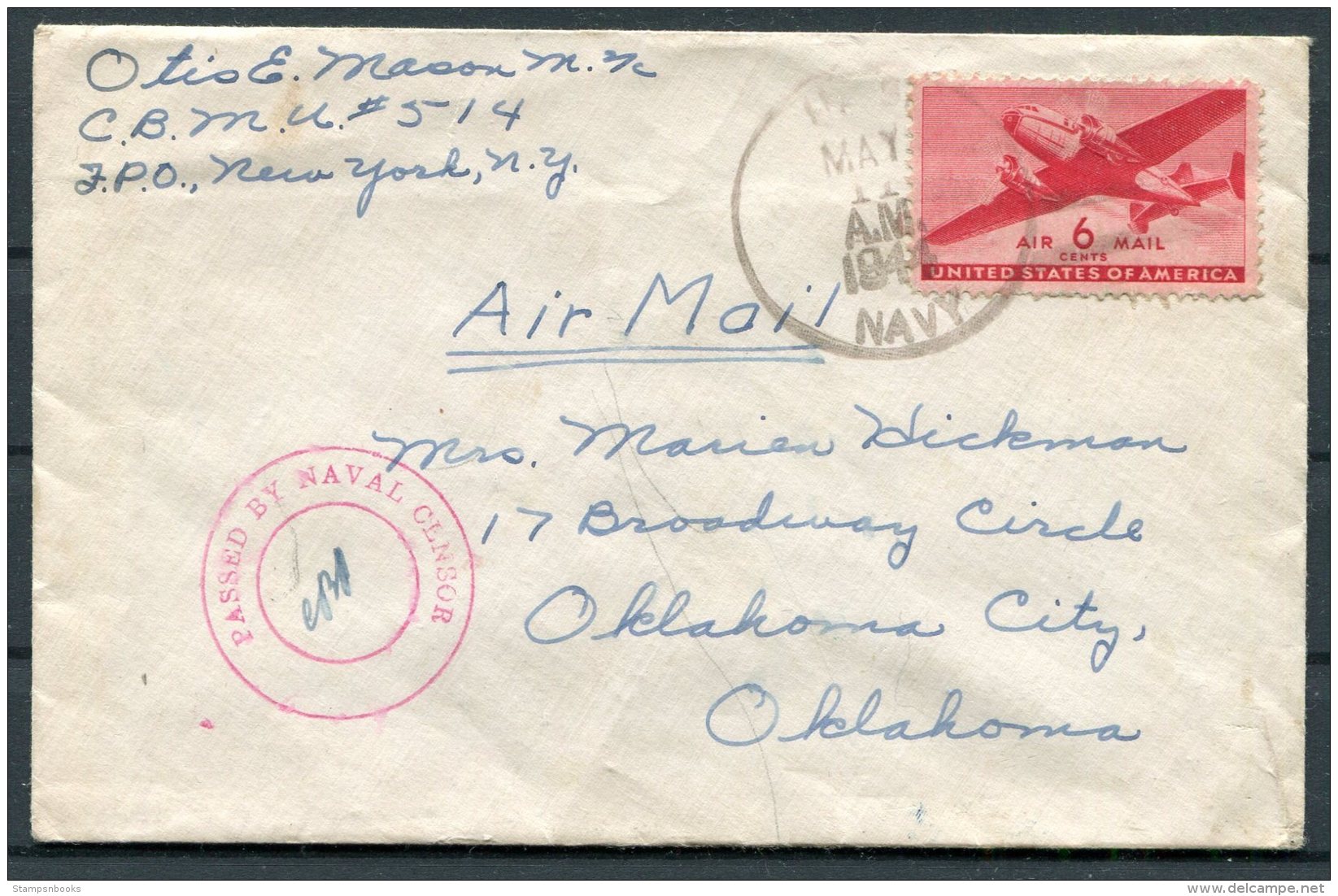 1944 Iceland US Navy Censor Cover - Oklahoma City, USA - Covers & Documents