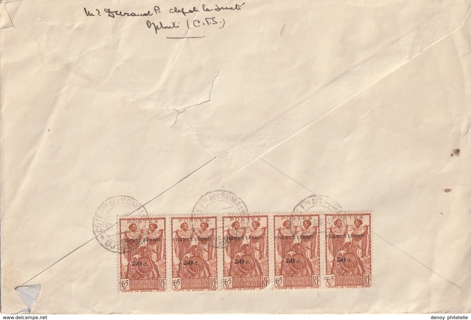 Cote Des Somalis Lettre Recommandée PA 1 A 7 + Complément D Affranchissement 13 Juilet 1945 - Lettres & Documents