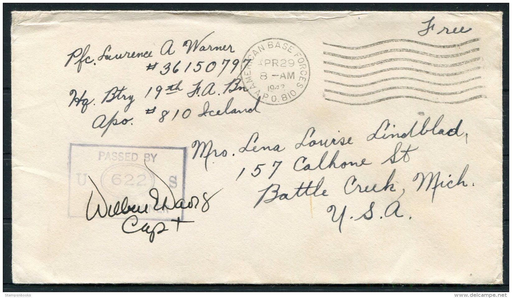 1942 Iceland USA Censor APO 810 Fieldpost Cover - Battle Creek, Mich. (Last Day Of Useage According To Facit) - Covers & Documents