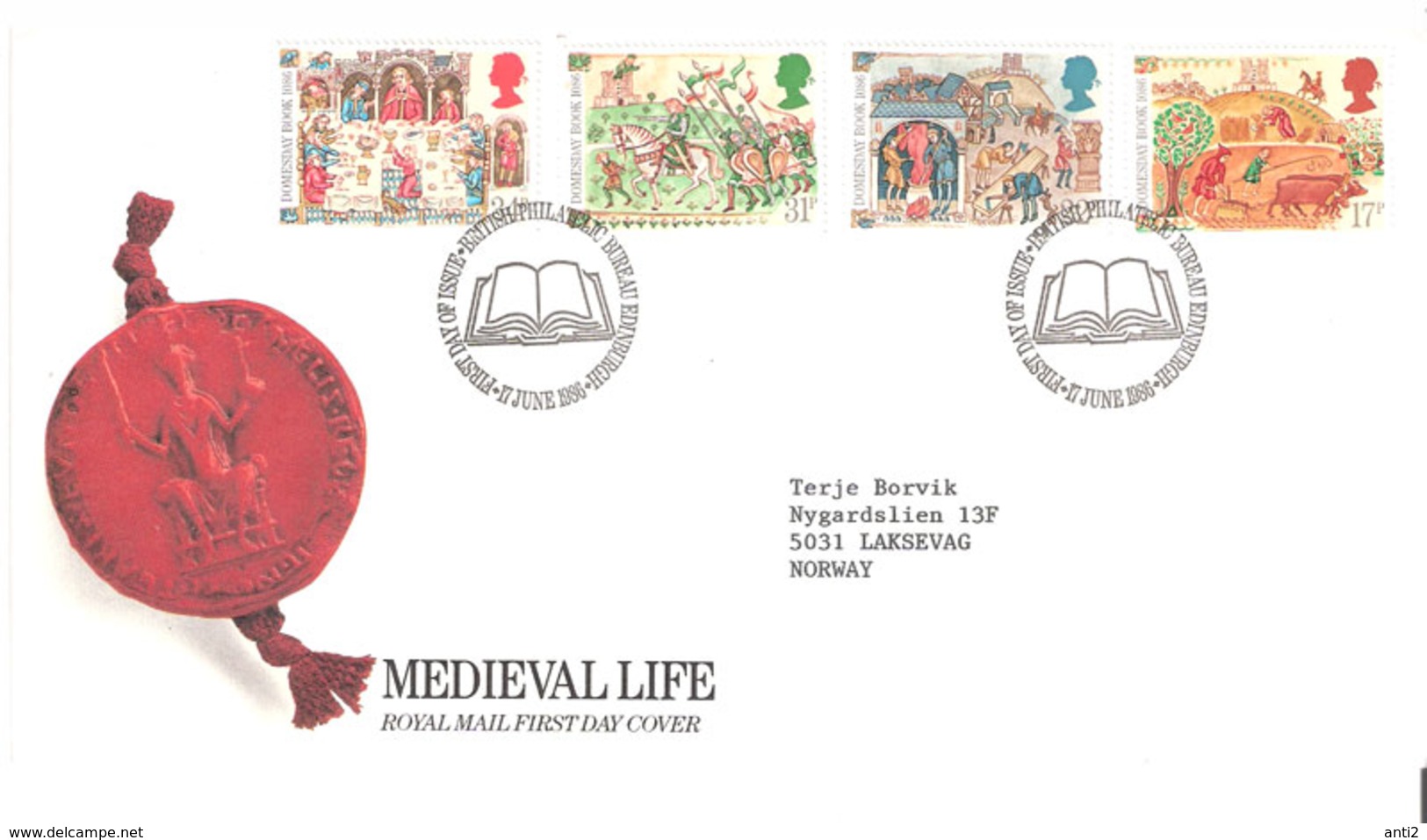 Great Britain 1986 Medieval Life, Domesday Book 900 Years, William The Conqueror. Mi 1072-1075 FDC - Covers & Documents