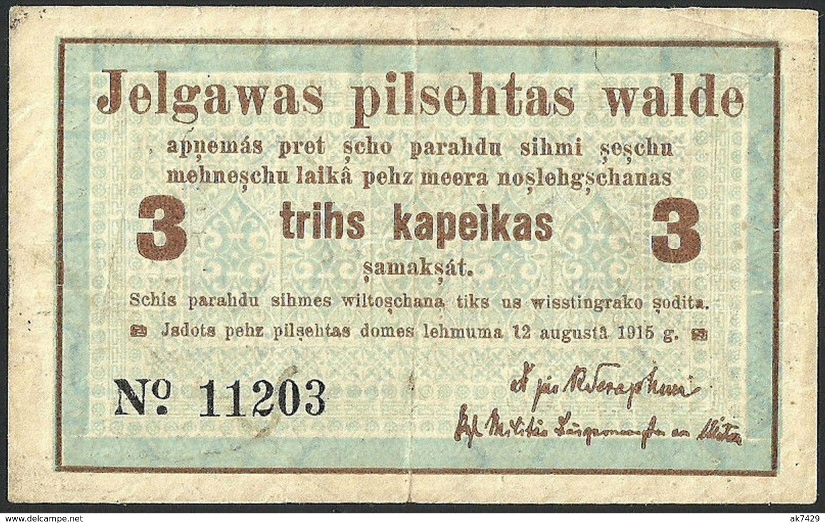 Latvia Latvija Jelgava Mitau 3 Kopeiks 1915 "Series:11203" VF+ BANKNOTE - Lettonie