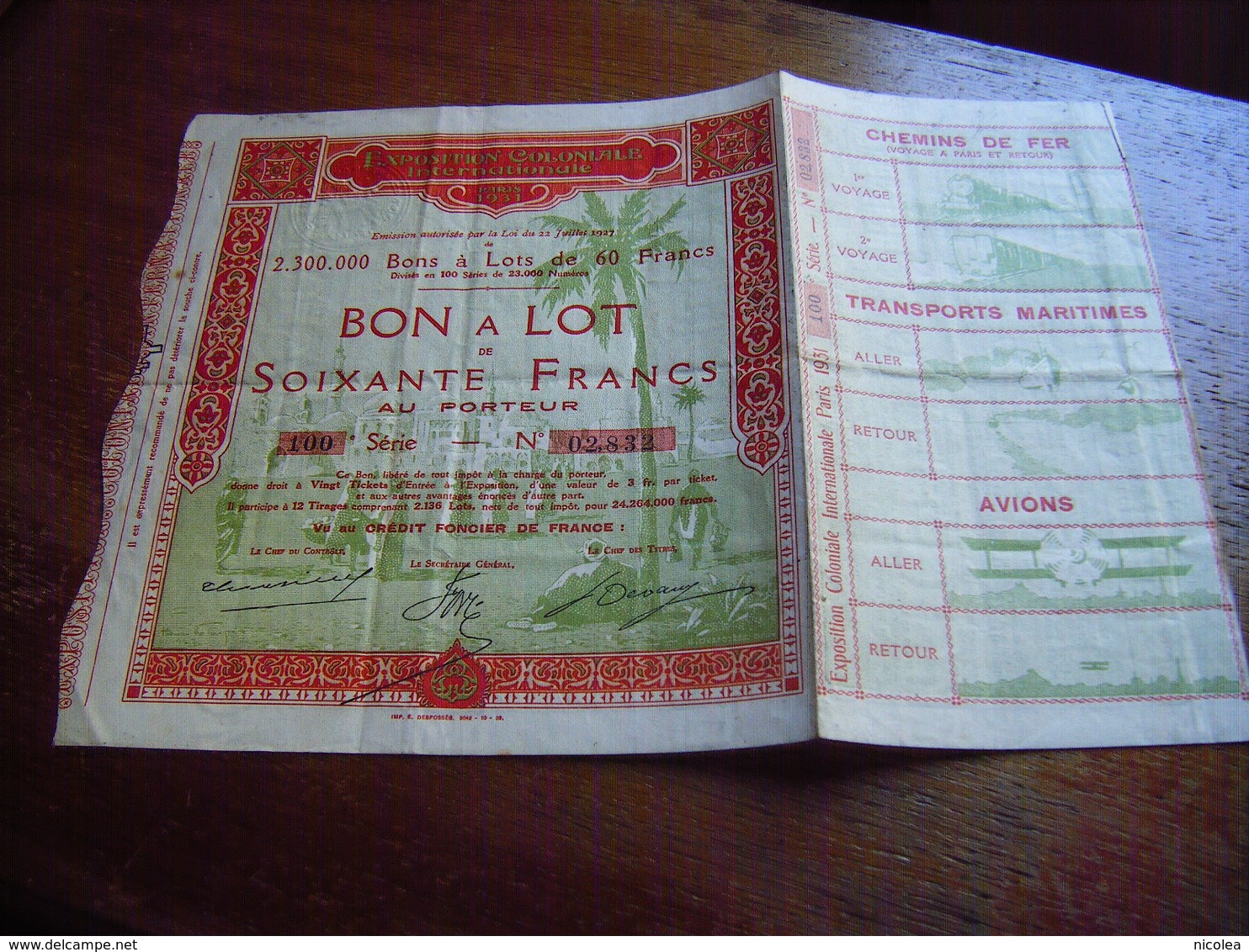 ACTION EXPOSITION COLONIALE INTERNATIONALE PARIS 1931 BON A LOT DE 60 FRANCS AU PORTEUR - Afrika