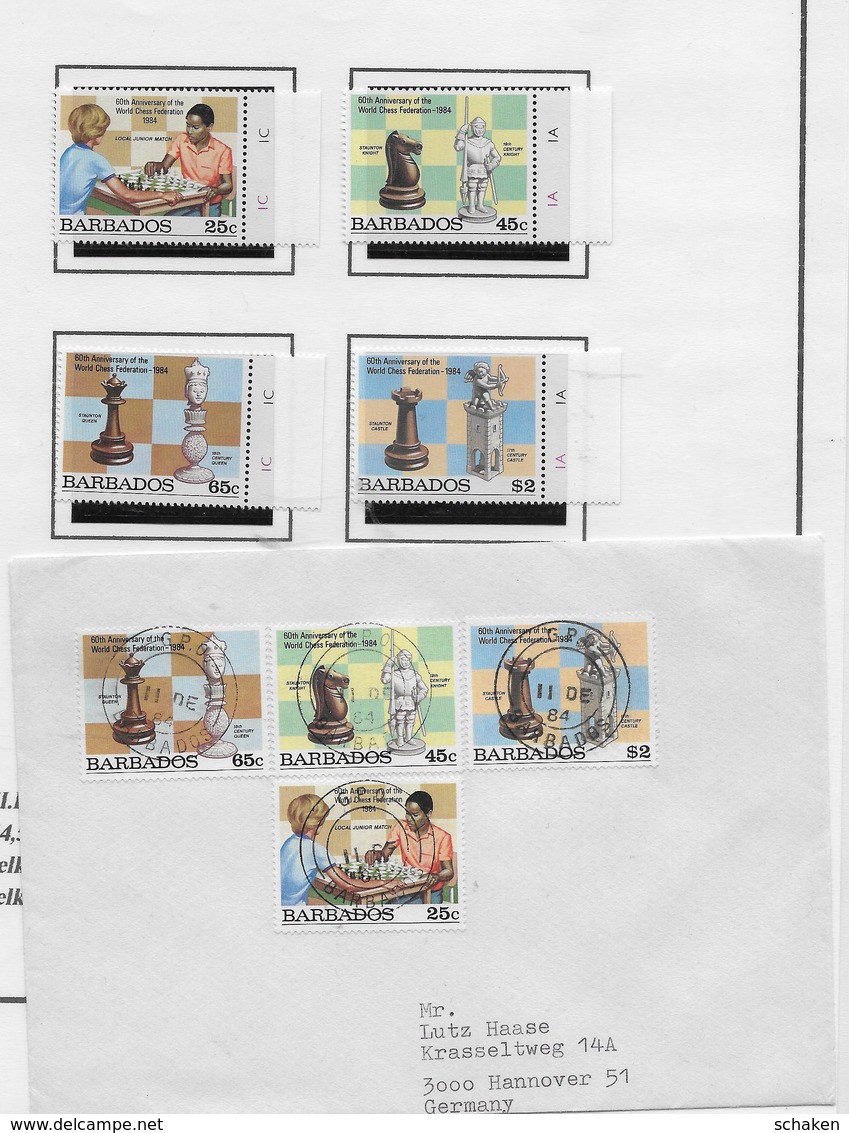 Barbados 1984; Chess Full Set + Used On Cover To Germany - Barbados (1966-...)