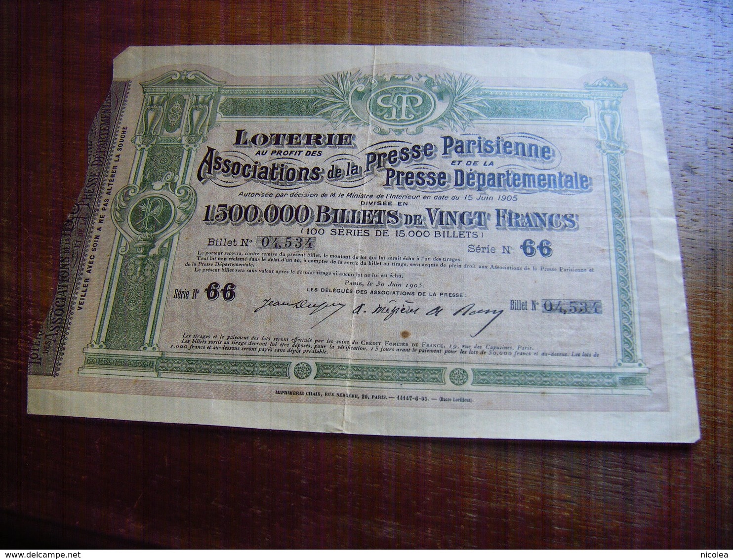 BILLET DE LOTERIE AUTORISATION 1905 AU PROFIT DES ASSOCIATIONS DE LA PRESSE PARISIENNE ET DEPARTEMENTALE - Billets De Loterie