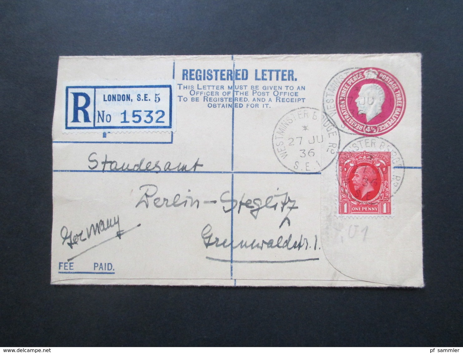 GB 1936 Registered Letter Mit Zusatzfrankatur Nach Berlin Steglitz Standesamt. Stempel Westminster Bridge - Covers & Documents