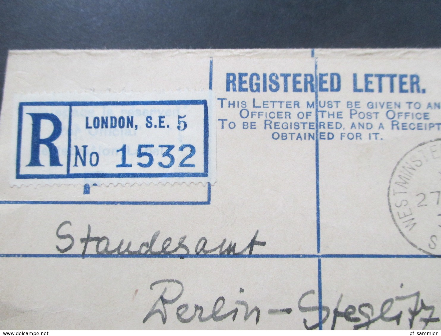 GB 1936 Registered Letter Mit Zusatzfrankatur Nach Berlin Steglitz Standesamt. Stempel Westminster Bridge - Briefe U. Dokumente