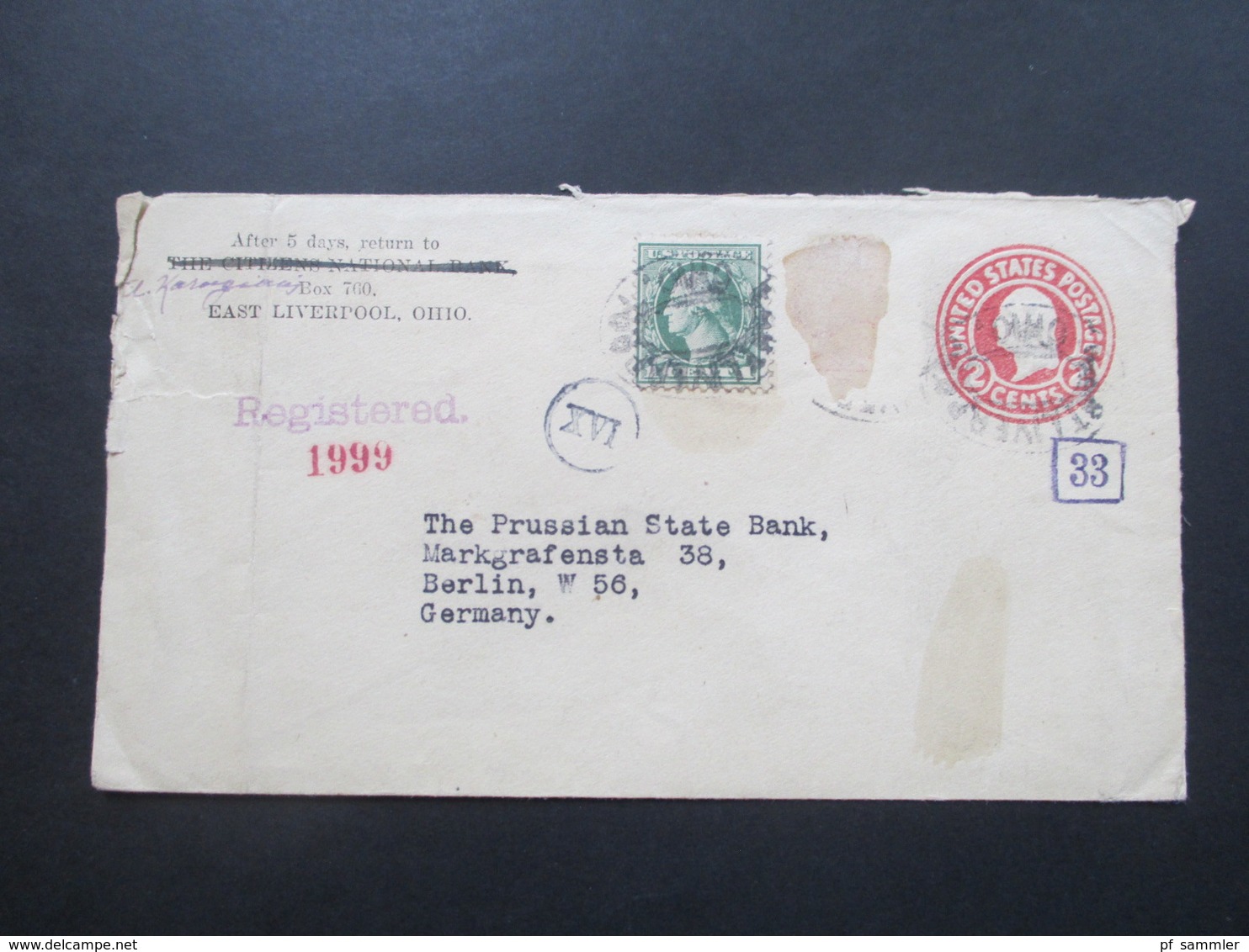 USA 1920 Brief / Registered Letter Mit 12 Stempeln!! East Liverpool Ohio An Die Prussian State Bank - Brieven En Documenten