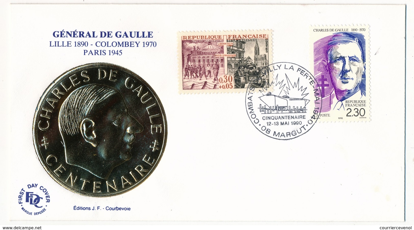FRANCE - Enveloppe - Cachet Temporaire "Combats De Villy La Ferté - Cinquantenaire" - 08 MARGUT  - 12/13.6.1990 - De Gaulle (Generaal)