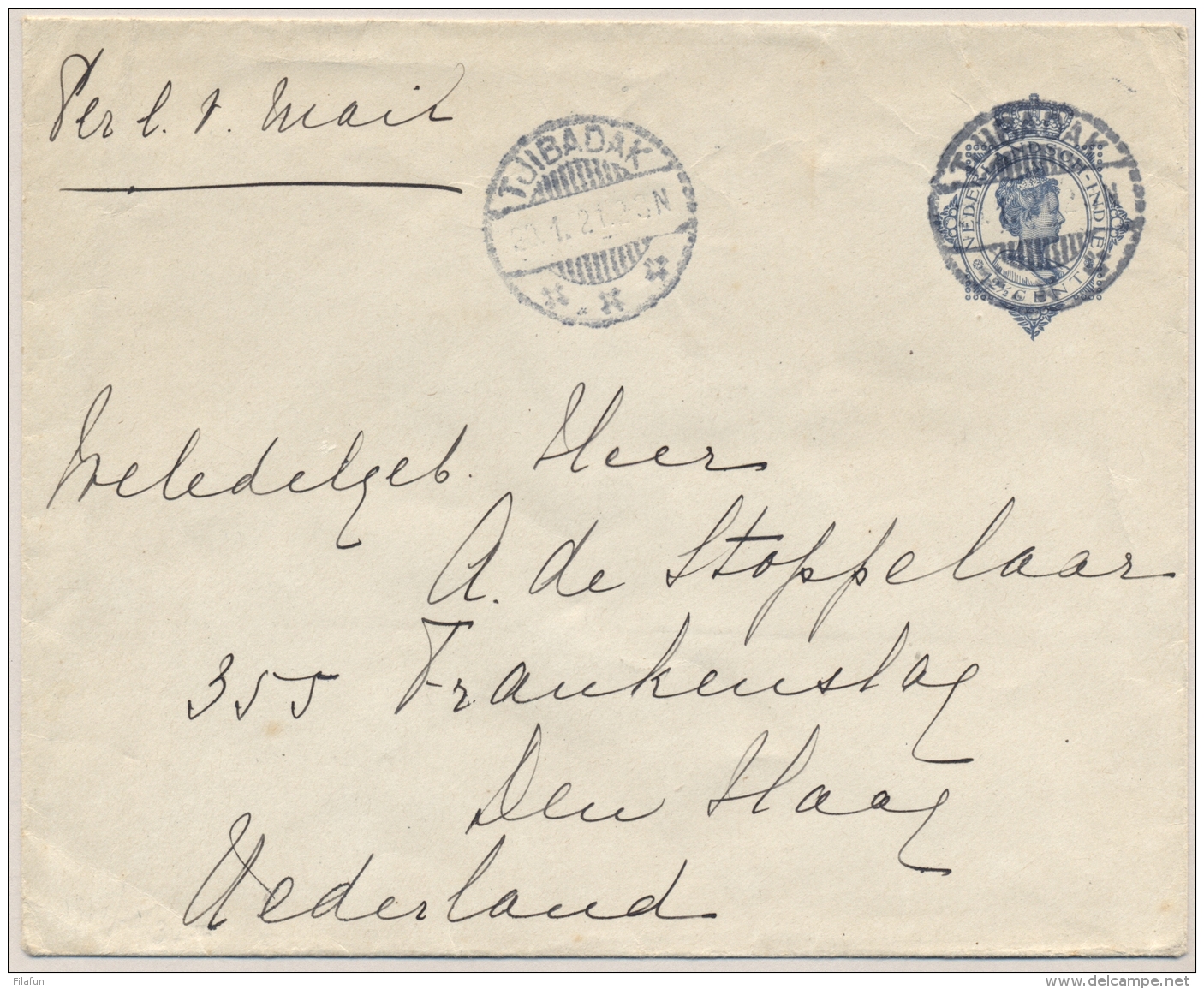 Nederlands Indië - 1921 - 12,5 Cent Wilhelmina In Ovaal, Envelop G42 Van LB TJIBADAK Naar Den Haag / Nederland - Indes Néerlandaises