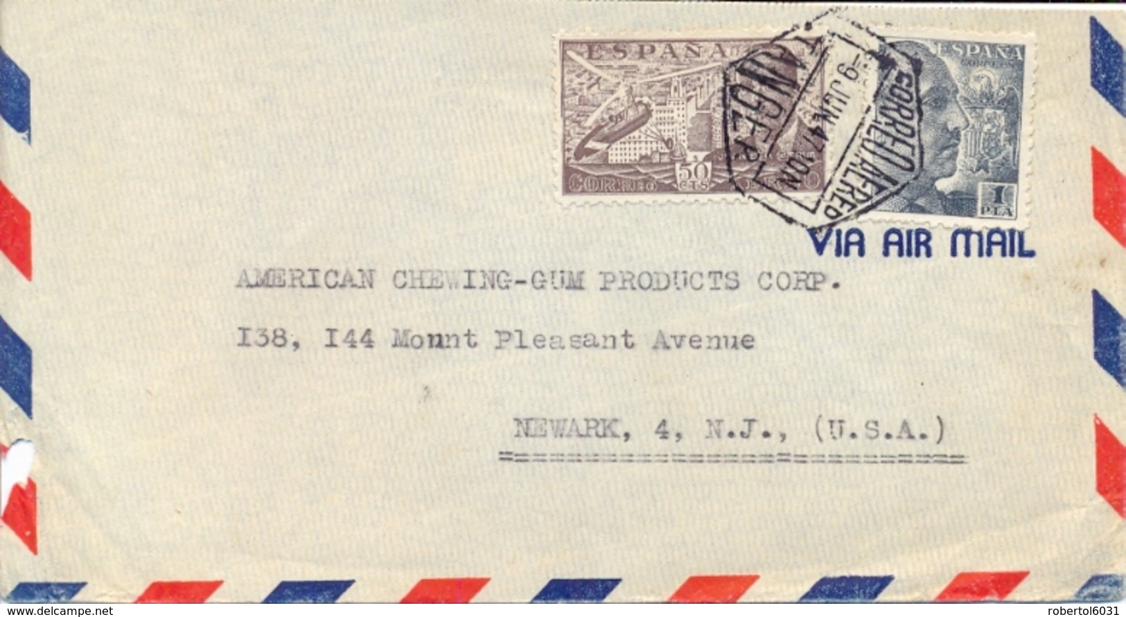 Spain 1947 Airmail Cover From Tanger (Spanish Morocco) To USA With 50 C. Airmail Stamp De La Cierva + 1 Pta. Franco - Spanish Morocco