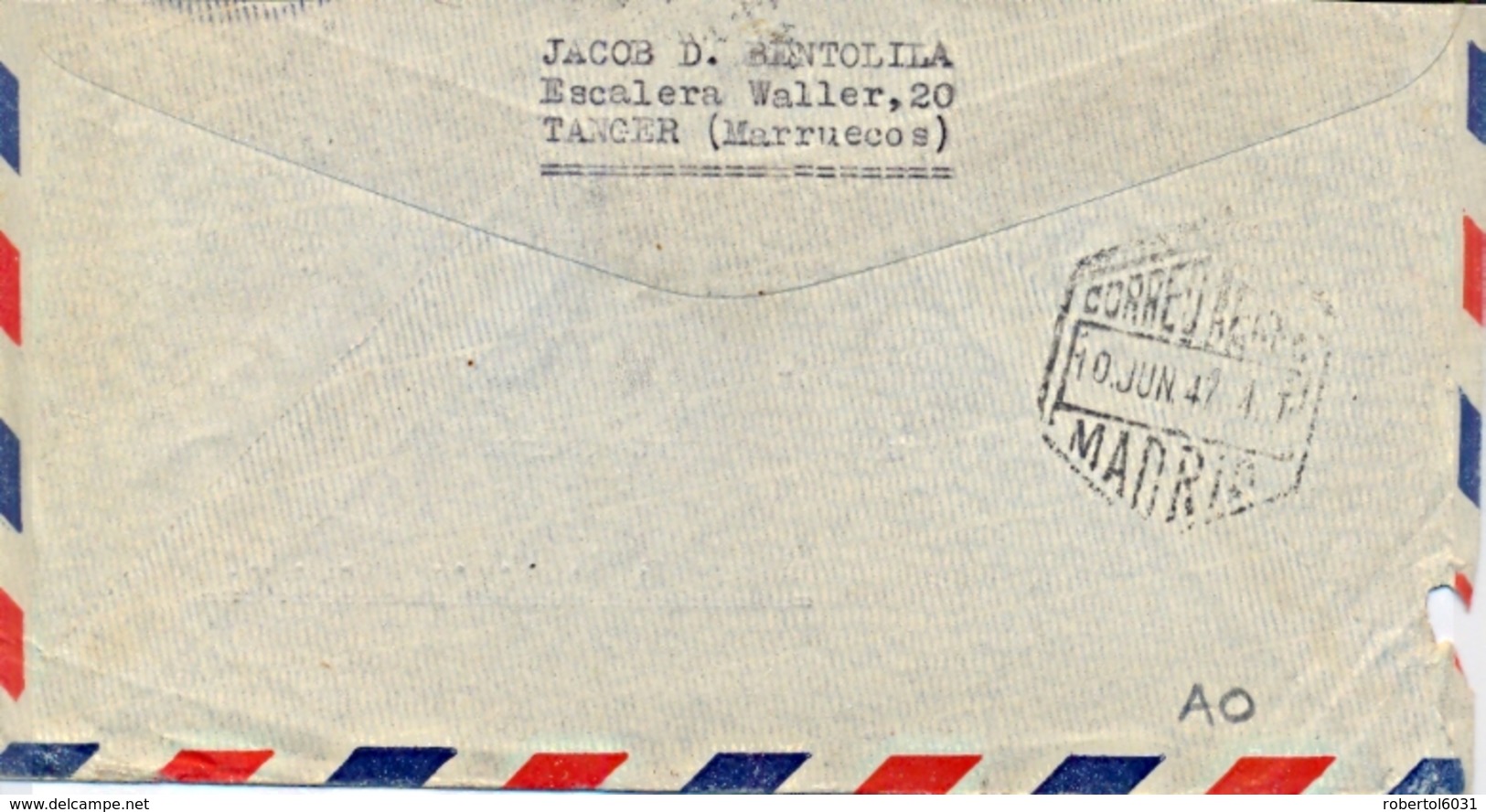 Spain 1947 Airmail Cover From Tanger (Spanish Morocco) To USA With 50 C. Airmail Stamp De La Cierva + 1 Pta. Franco - Spanish Morocco