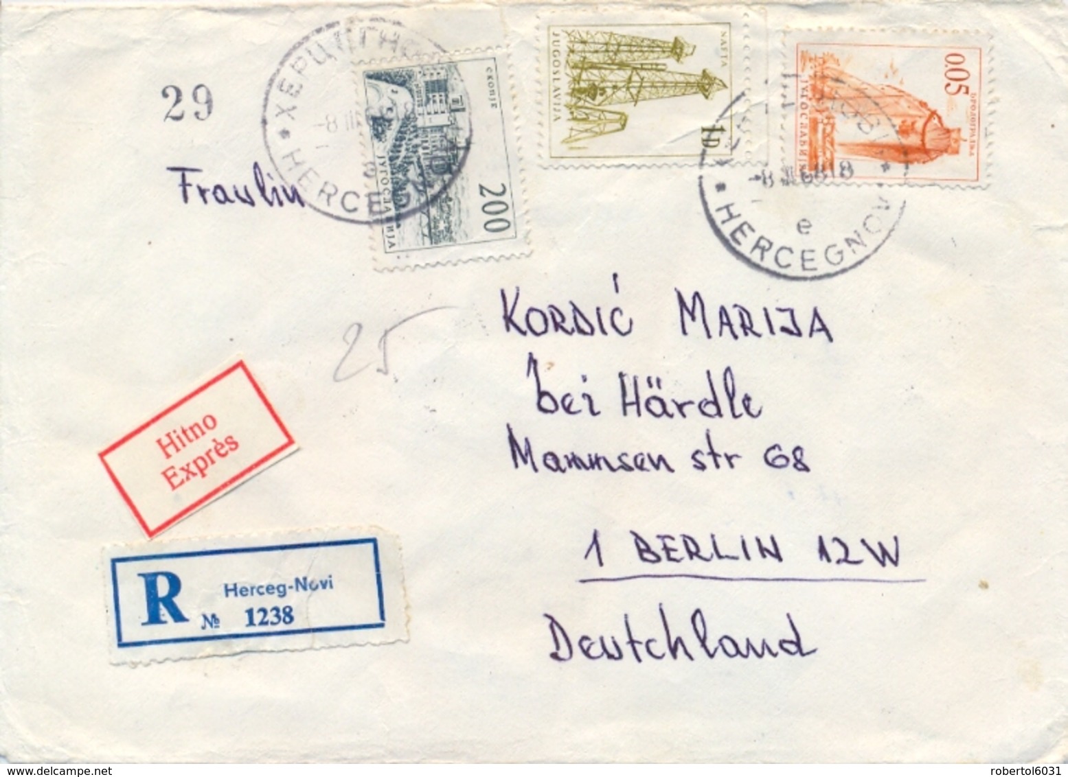 Yugoslavia 1968 Registered Express Cover From Herceg Novi To Berlin With 0,05 D. + 1 D. + 200 D. - Storia Postale