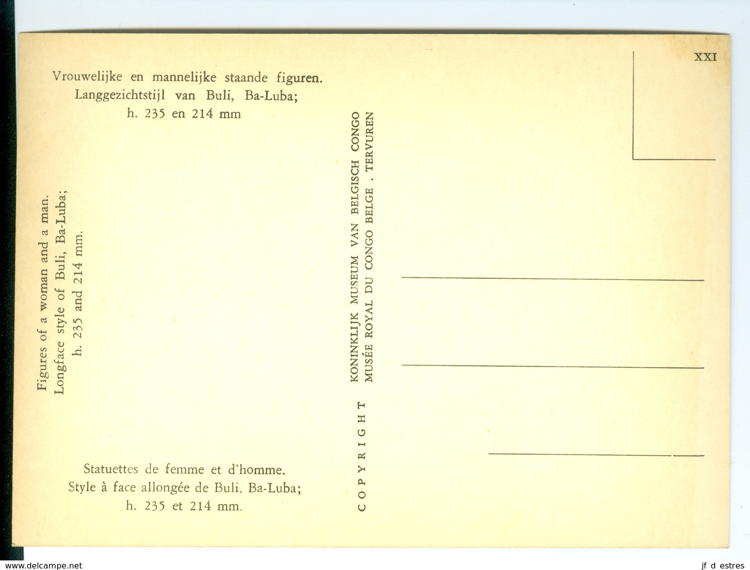 CP Statuettes De Femme Et D'homme Buli, Ba-Luba Musée Royal Du Congo Belge XXI Vers 1960 - Collections & Lots