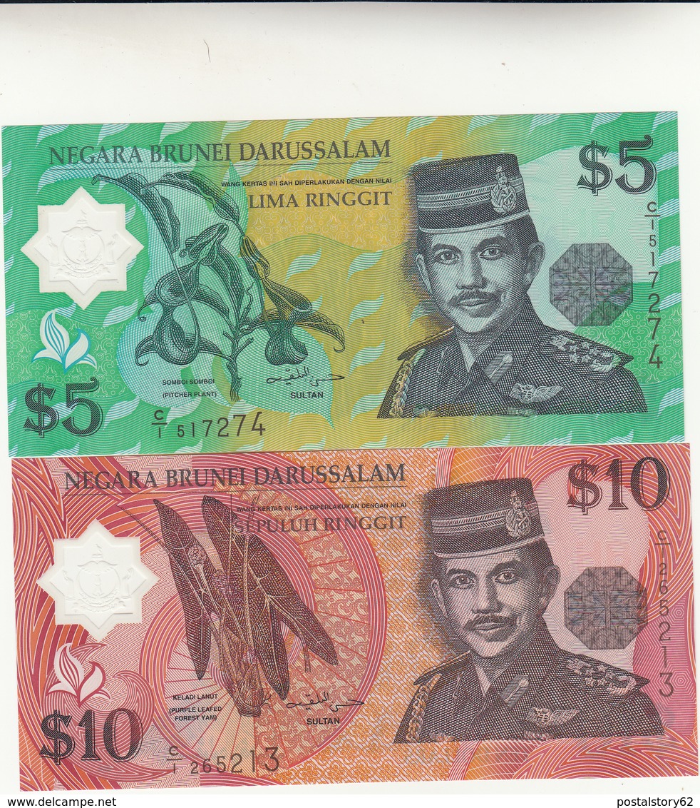 Banconote 5+10 Lima Ringgit Dollar Type Sultan 1996 Polymer Unc. - Brunei