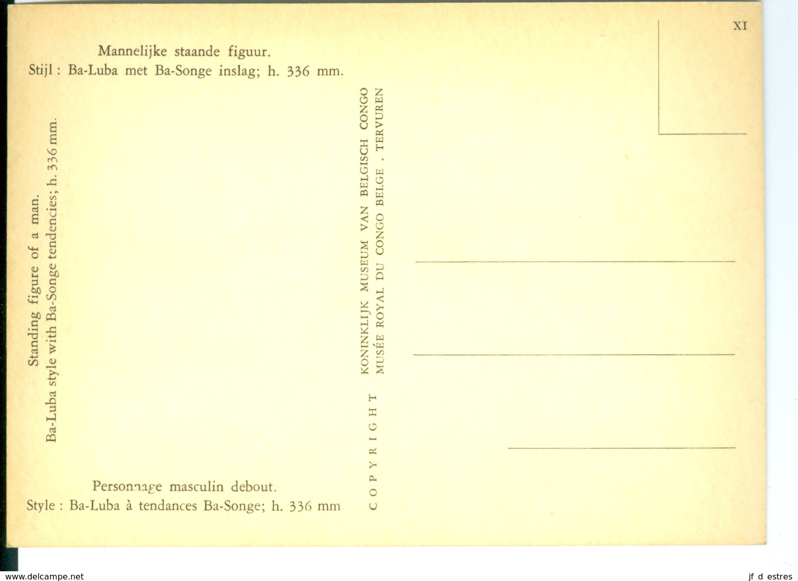 CP Personnage Masculin Debout Ba-Luba à Tendances Ba-Songe Musée Royal Du Congo Belge XI Vers 1960 - Collections & Lots