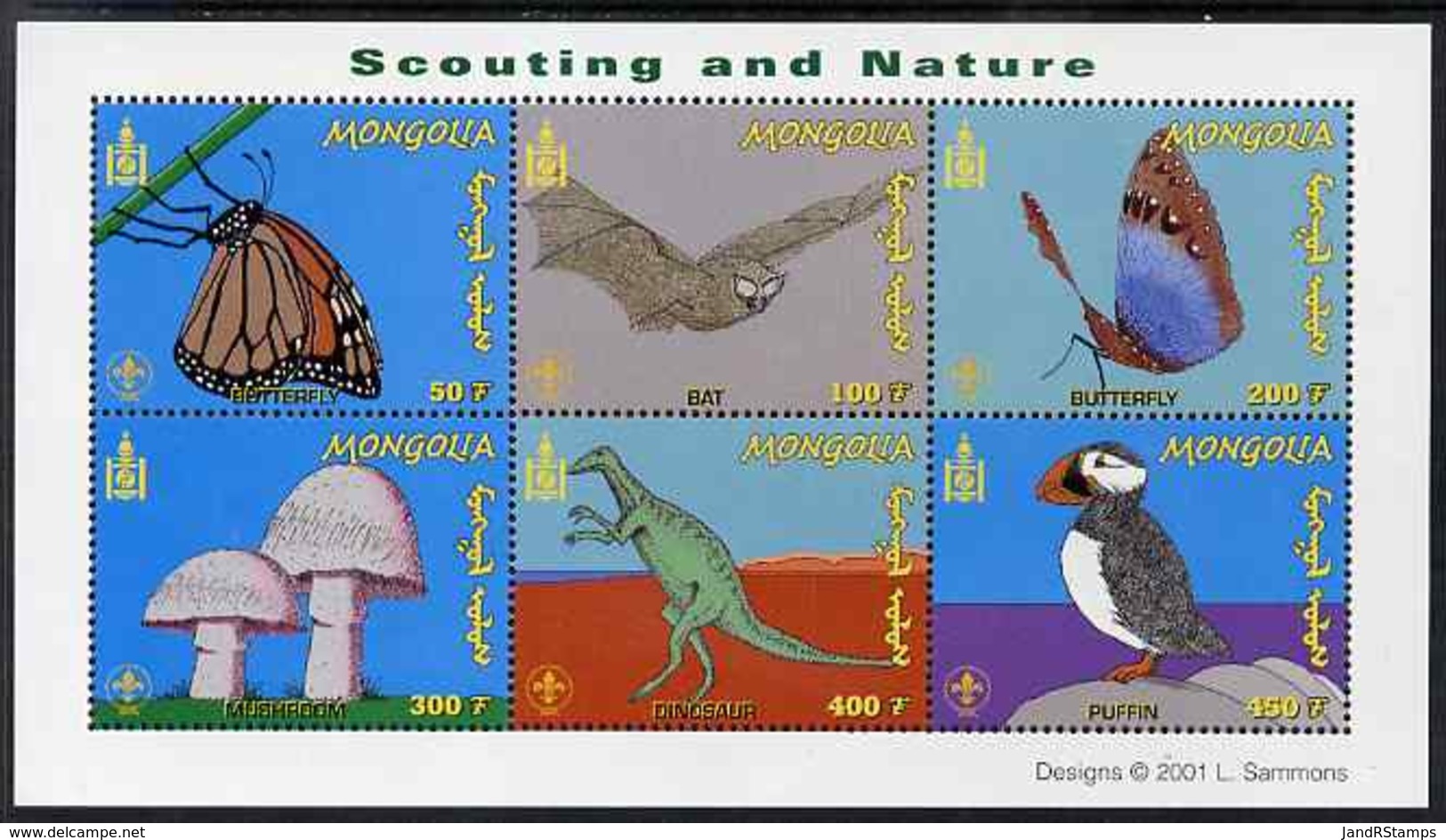 Mongolia 2001 Scouting & Nature SCOUTS BUTTERFLIES FUNGI DINOSAURS BATS MAMMALS BIRDS PUFFINS Perf M/s 6 Values U/m, SG - Mongolia