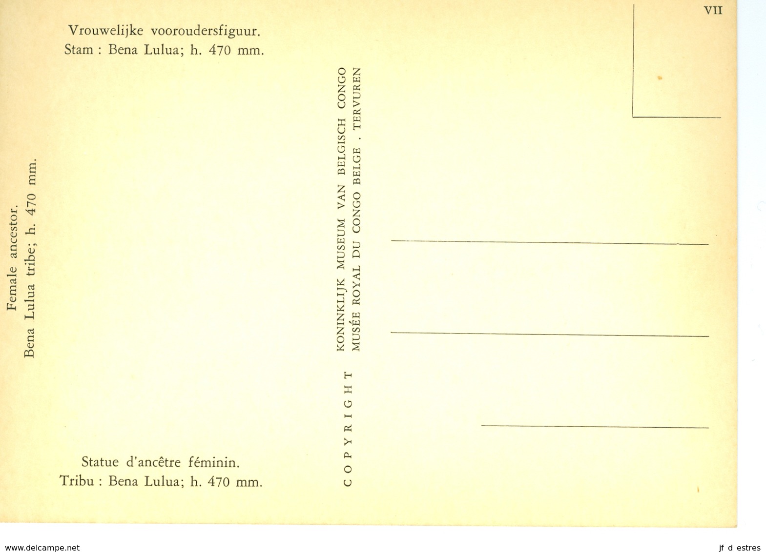 CP Statue D'ancêtre Féminin Bena Lulua  Musée Royal Du Congo Belge VII Vers 1960 - Collections & Lots