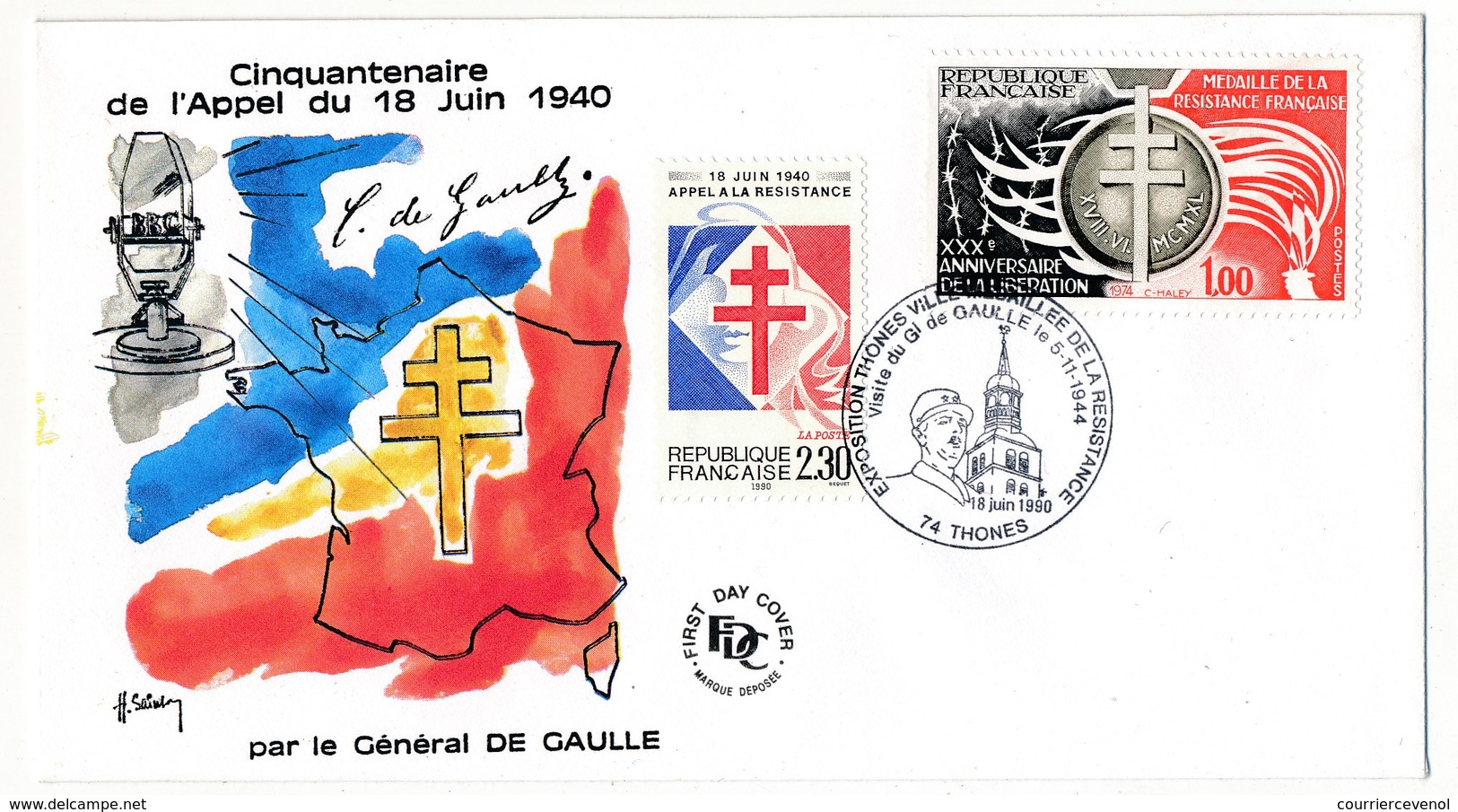 FRANCE - Enveloppe - Cachet Temporaire "Visite Du Général De Gaulle..." - 74 THONES - 18.6.1990 - De Gaulle (General)