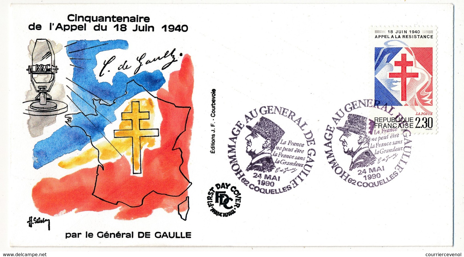 FRANCE - Enveloppe - Cachet Temporaire "Hommage Au Général De Gaulle " - 02 COQUELLES - 24.5.1990 - De Gaulle (Generaal)