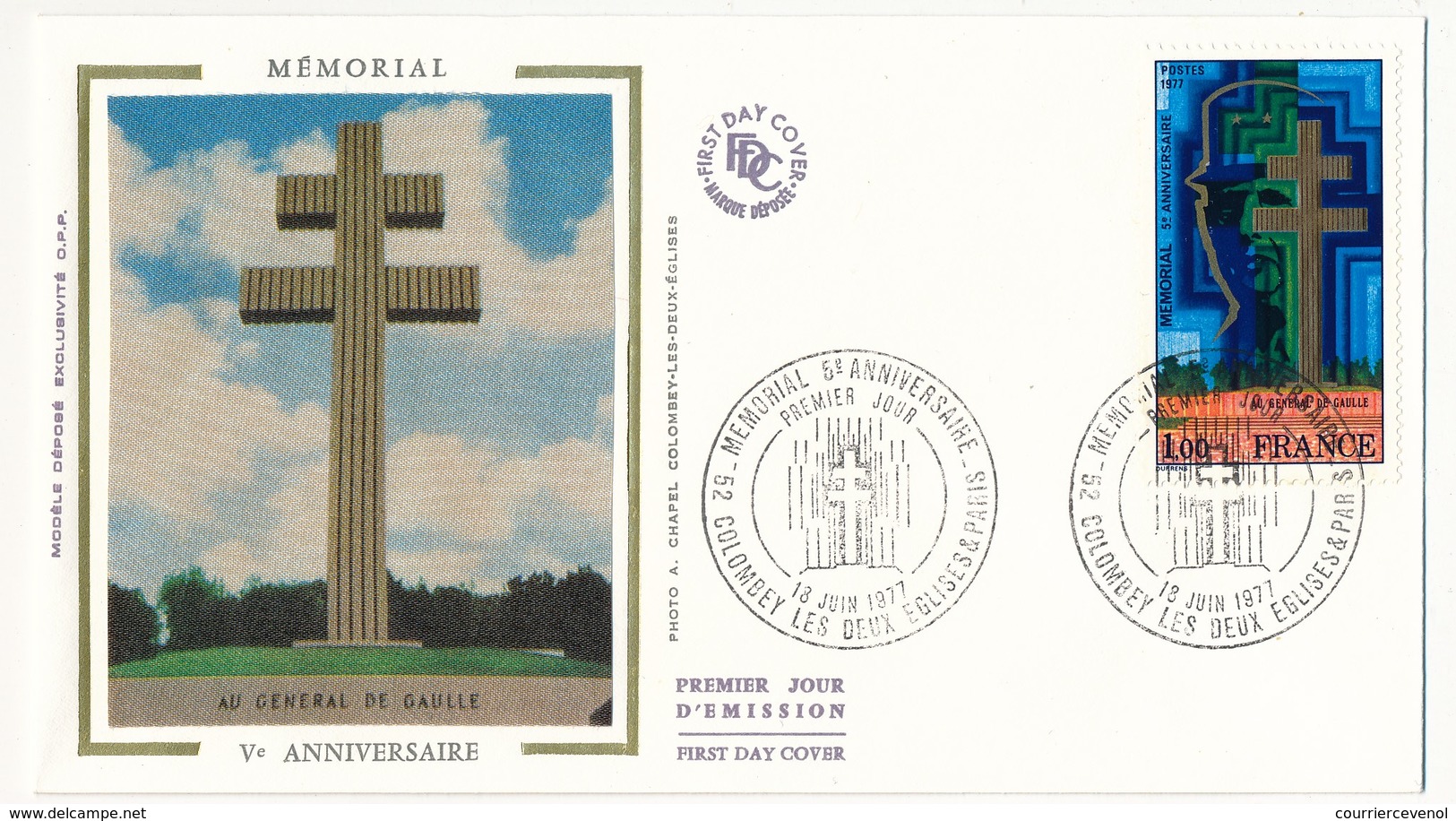 FRANCE - Enveloppe FDC - Mémorial V° Anniversaire - 52 COLOMBEY LES DEUX EGLISES & PARIS - 18.6.1977 - De Gaulle (Général)