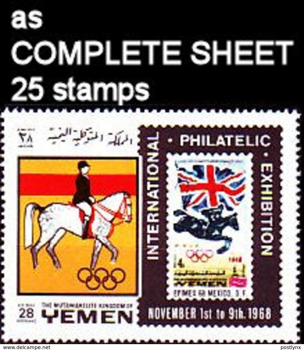 CV:€50.00 YEMEN KINGDOM 1967 Olympics London 1948 Horse Efimex Flag Stamps On Stamps 28B COMPLETE SHEET:25 Stamps - Francobolli