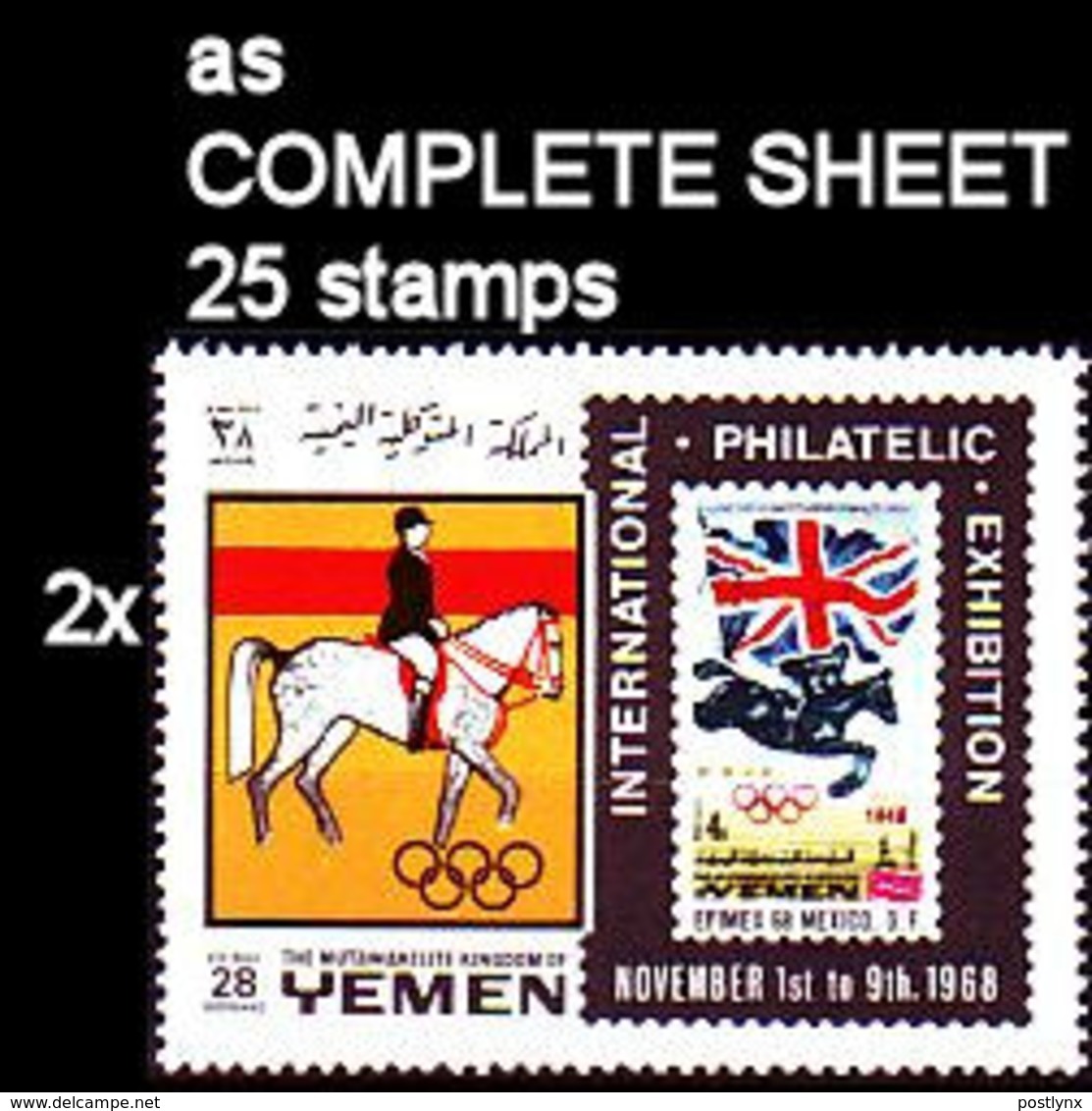 CV:€100.00 BULK:2 X YEMEN KINGDOM 1967 Olympics London 1948 Horse Efimex Flag Stamps On Stamps 28B COMPLETE SHEET:25 - Summer 1948: London