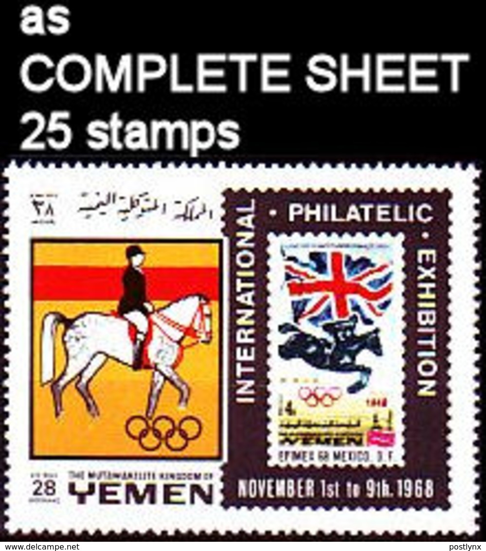 CV:€250.00 BULK:5 X YEMEN KINGDOM 1967 Olympics London 1948 Horse Efimex Flag Stamps On Stamps 28B COMPLETE SHEET:25 - Francobolli