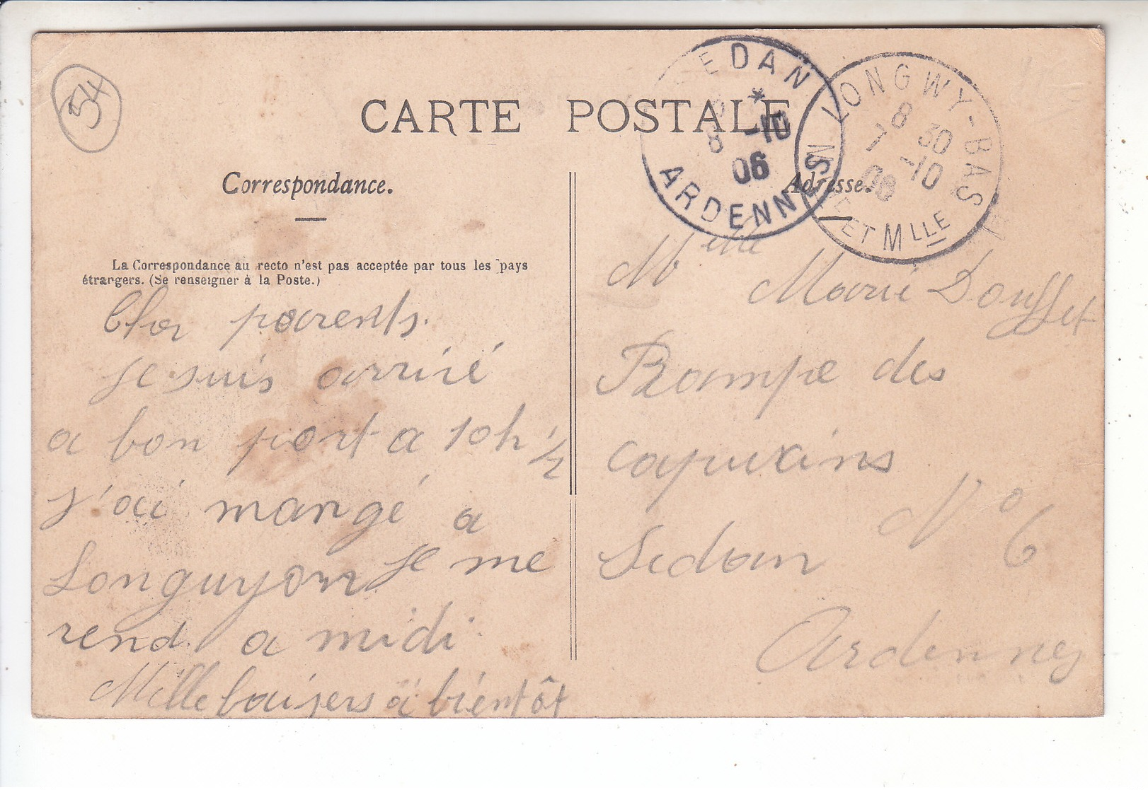 Sp- 54 - LONGWY HAUT - Rue Victor Hugo - Timbre - Cachet - 1908 - Longwy