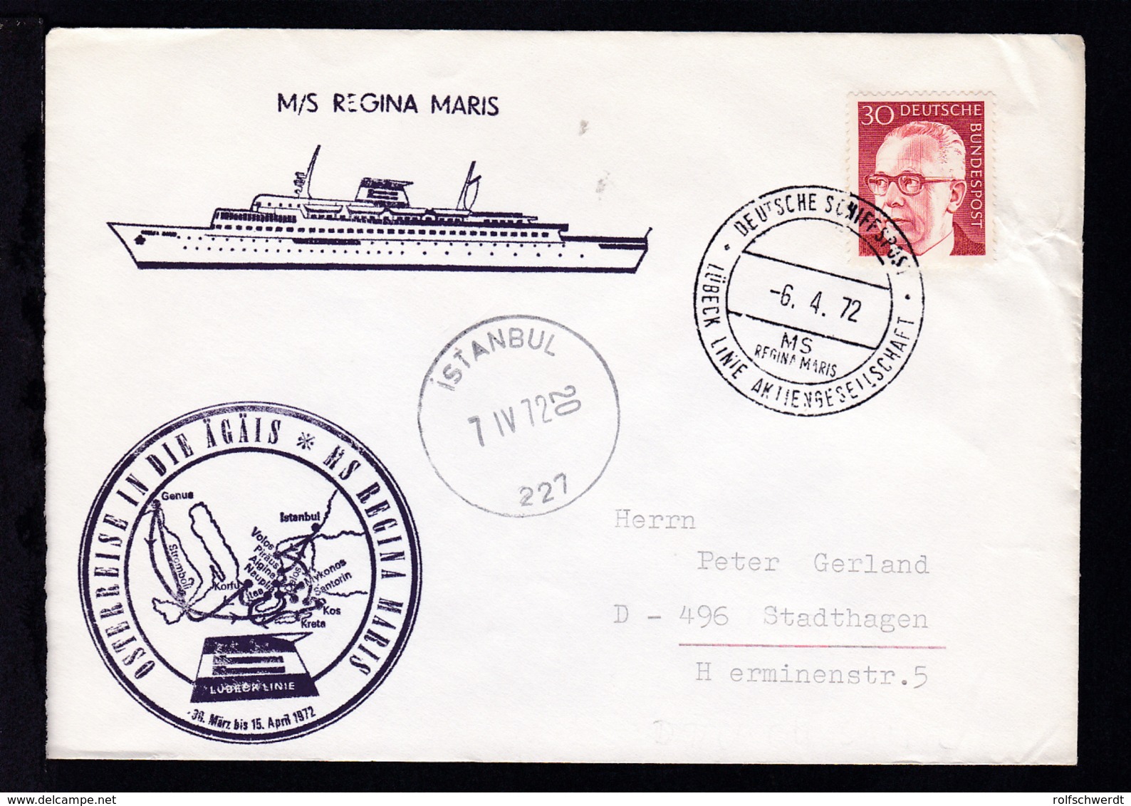 DEUTSCHE SCHIFFSPOST LÜBECK LINIE AKTIENGESELLSCHAFT MS REGINA MARIS  6.4.72  - Sonstige & Ohne Zuordnung