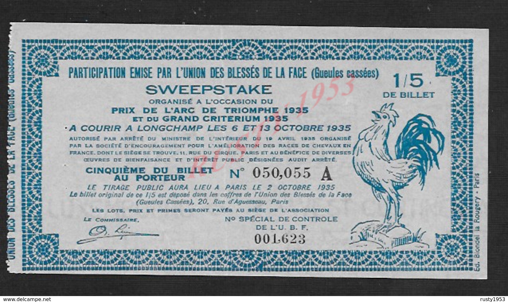 MILITARIA ANCIEN BILLET DE LOTERIE PARTICIPATION EMISE UNION DES BLÉSSÉS DE LA FACE GUEULES CASSÉES 1935 : - Lottery Tickets