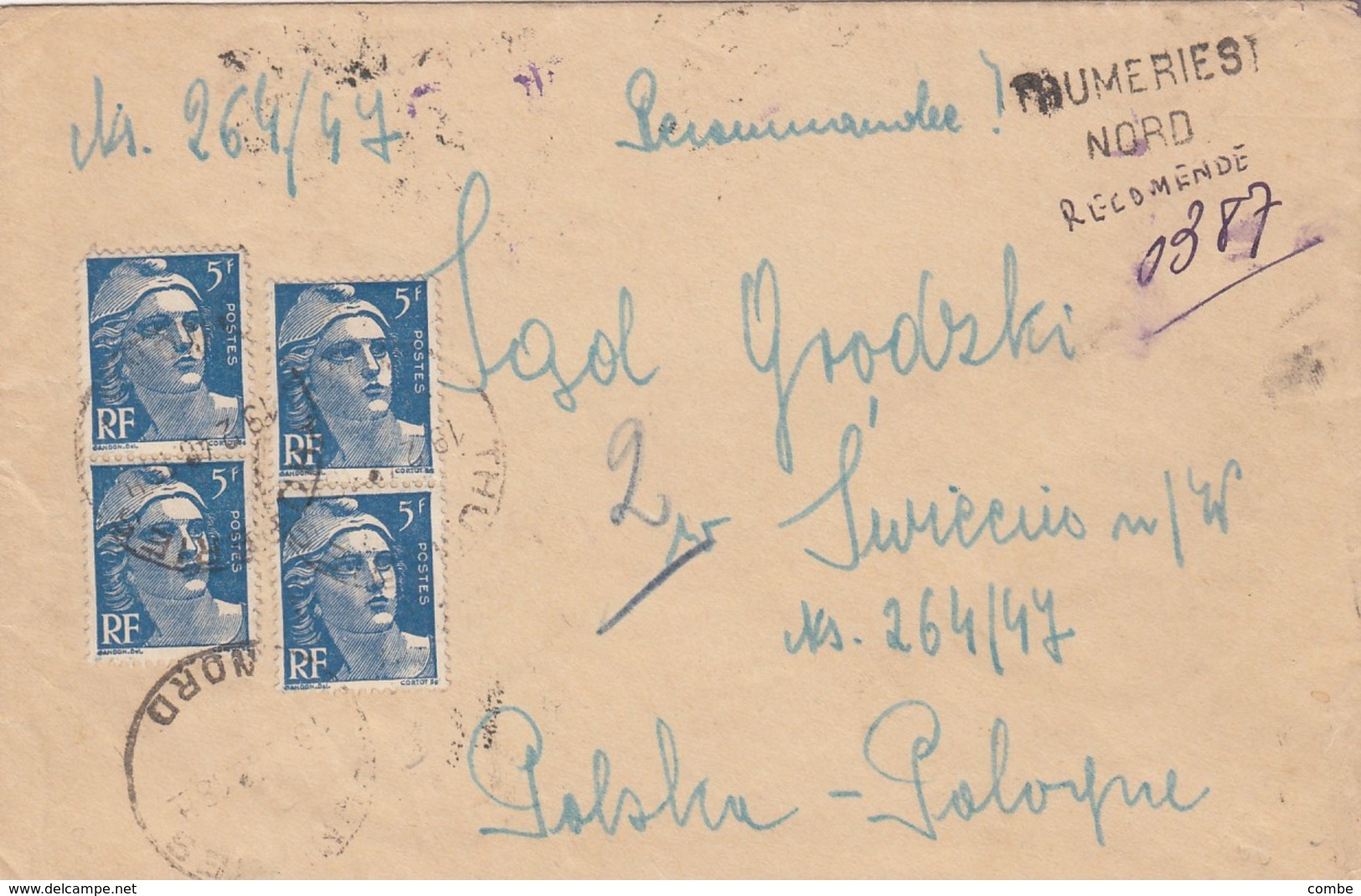 LETTRE. 19 2 48. RECOMMANDÉ PROVISOIRE GANDON 20 Fr. THUMERIE NORD POUR LA POLOGNE. ARRIVEE KATOWICE LE 25 7 48 - 1921-1960: Période Moderne