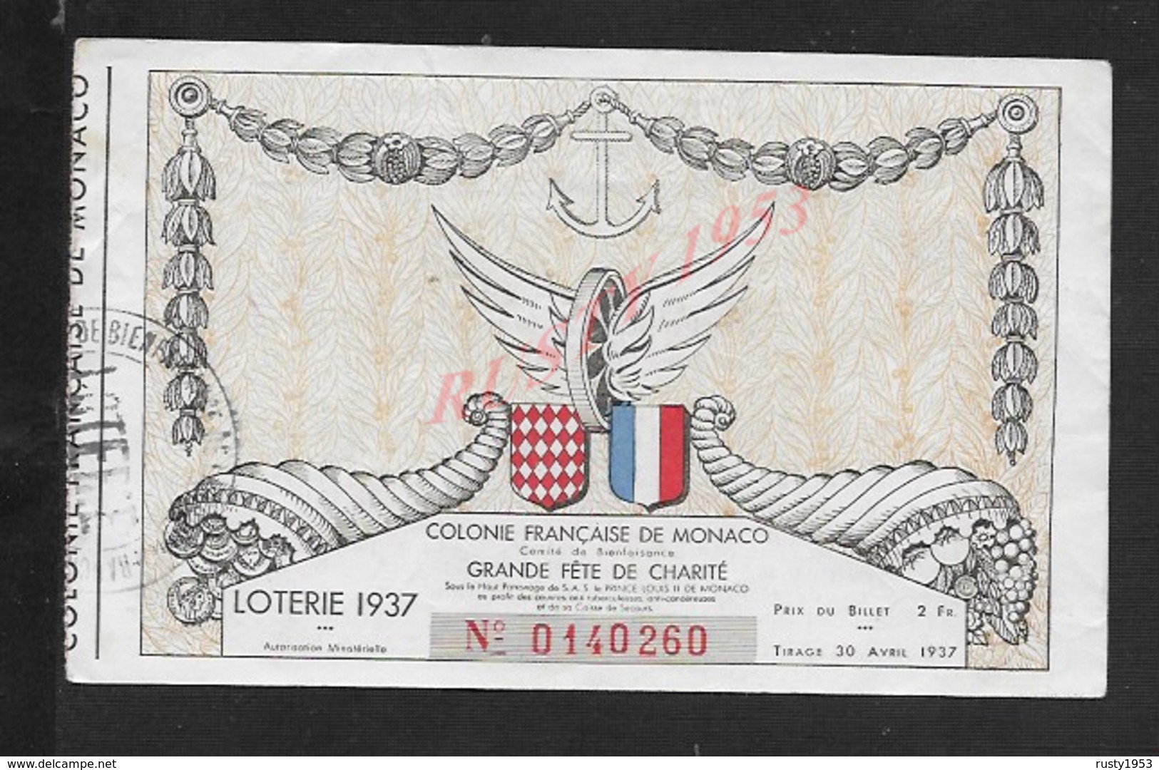 ANCIEN BILLET DE LOTERIE COLONIE FRANÇAISE DE MONACO FÊTE DE CHARITÉ 1937 : - Billets De Loterie