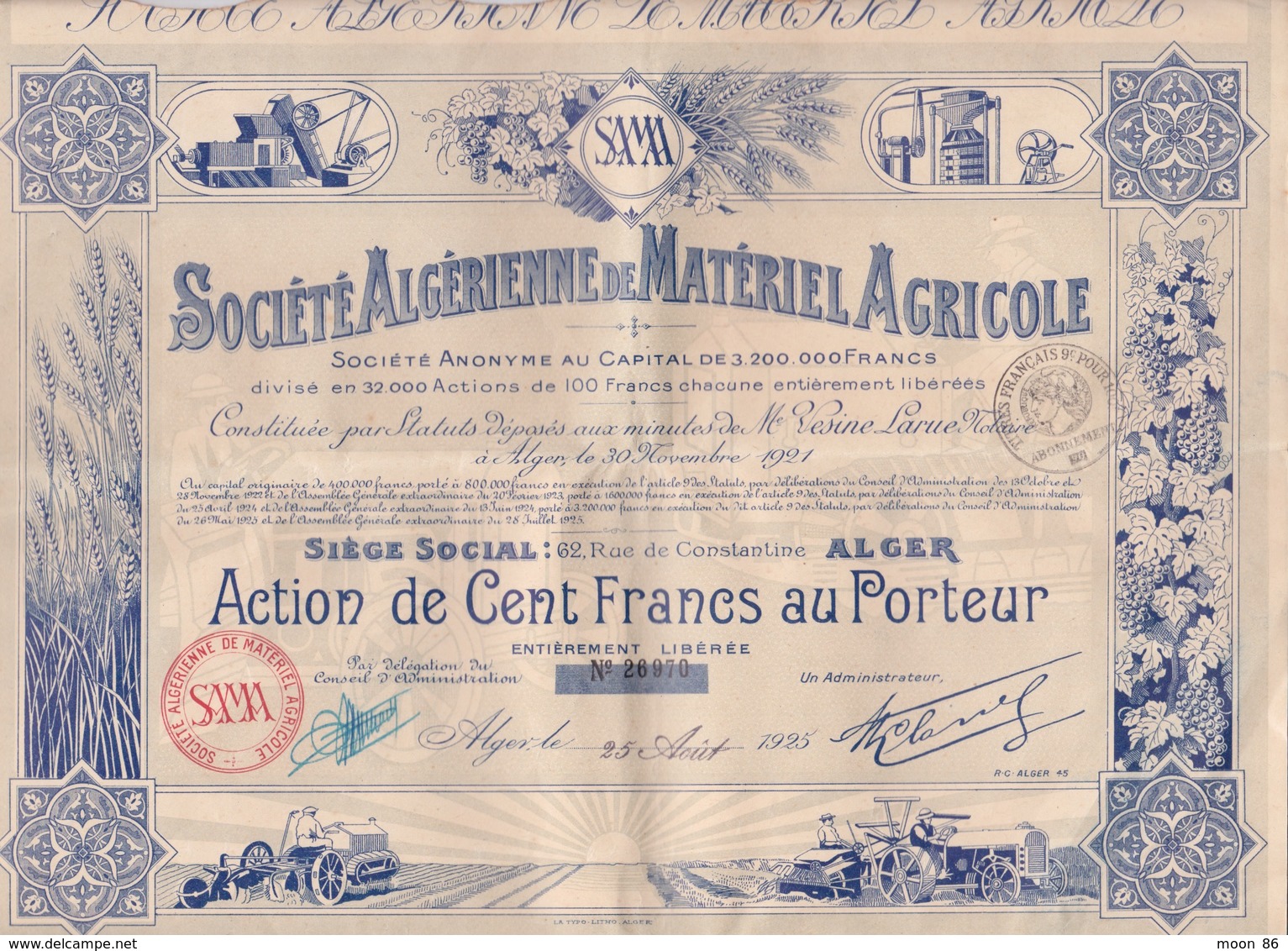 ACTION -SOCIÉTÉ ALGERIENNE MATERIEL AGRICOLE ALGERIE ALGER - TITRE FRANÇAIS SAMA TRACTEUR BATTEUSE FAUCHEUSE - Industrie