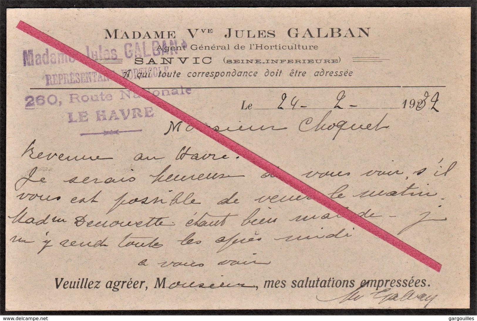 76 LE HAVRE - Sanvic -- Horticulture_ PUB _ Madame Vve "Jules Galban" _ Sanvic Changement Au 260 Route Nationale En 1932 - Non Classés