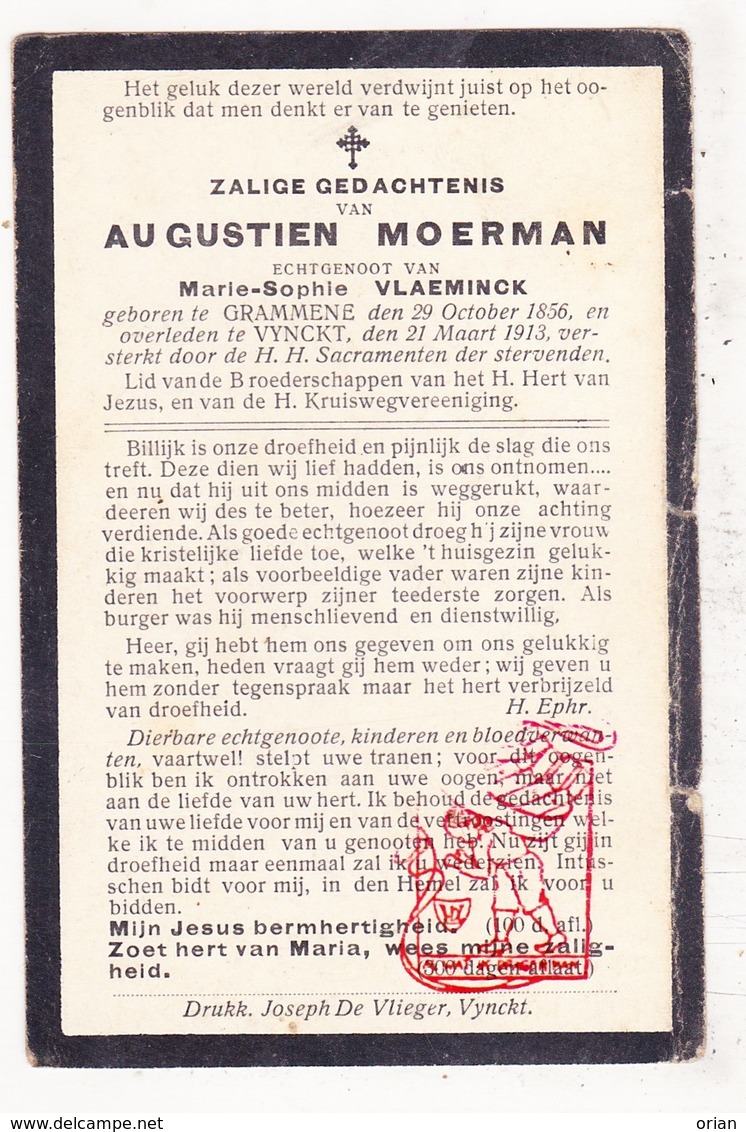 DP Augustien Moerman ° Grammene 1856 † Vinkt 1913 X Marie S. Vlaeminck / Deinze - Images Religieuses