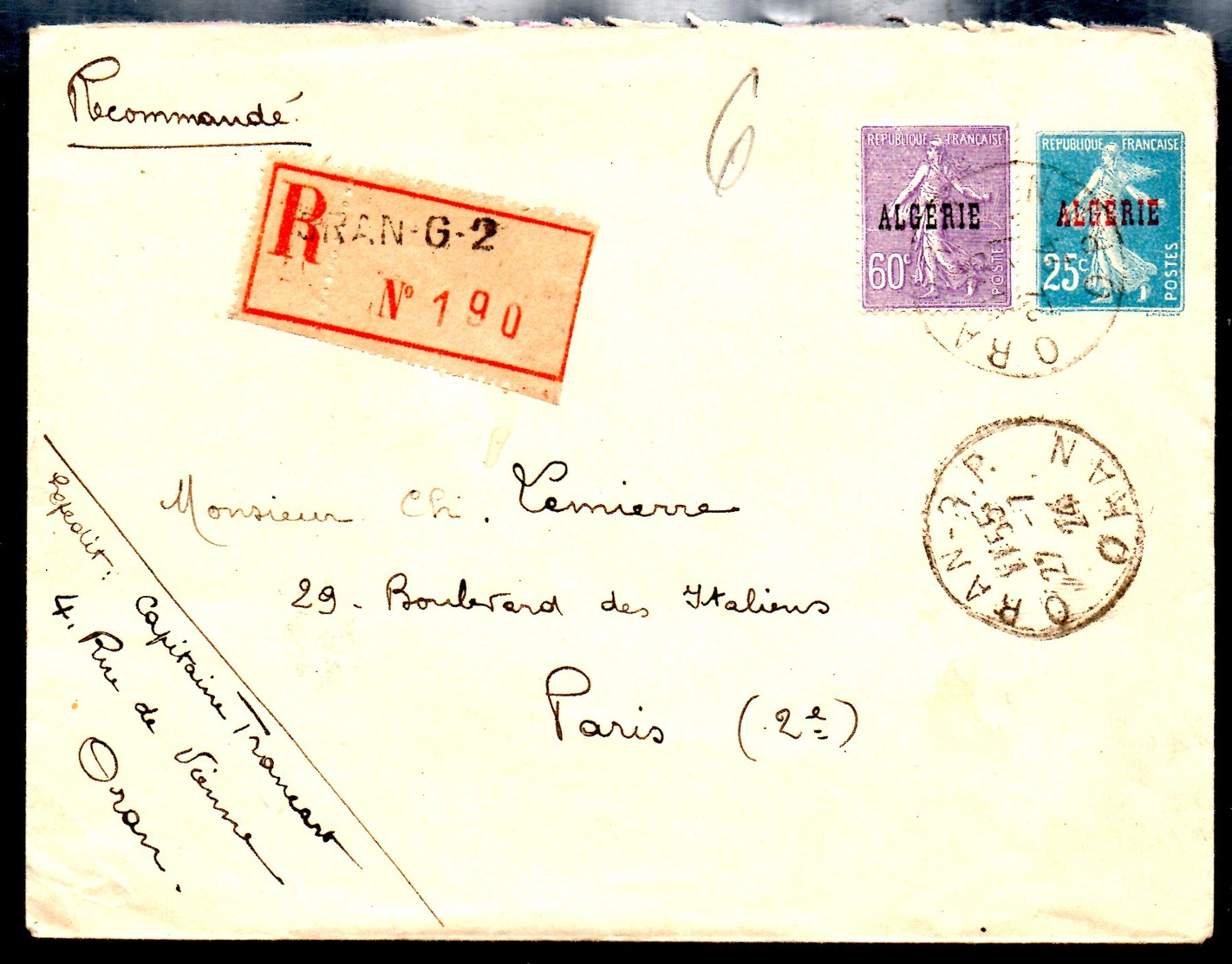 Enveloppe Recommandé Sur Entier D'Oran Algérie Timbres Semeuse 1924 - Lettres & Documents