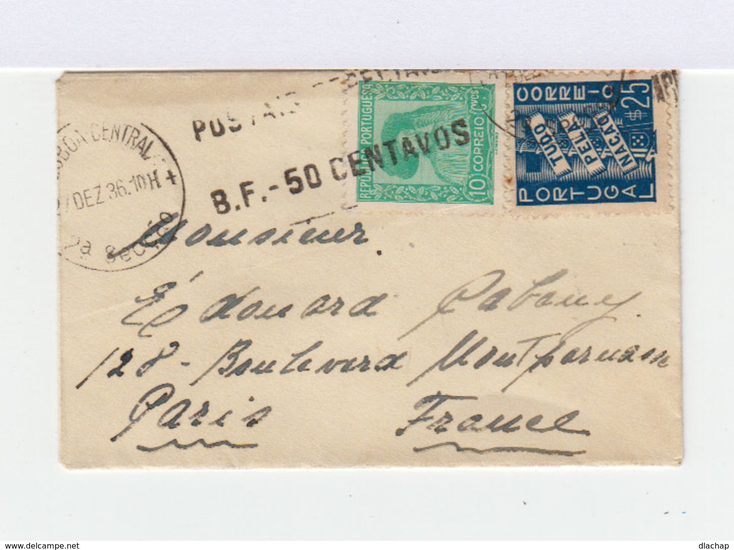 Enveloppe Portugal 1936. Deux Timbres: 10 C. Et 25 C. CAD Bilbao Central 1936. (713) - Marcophilie