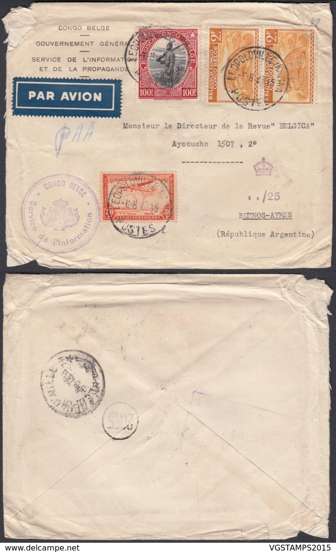 Congo Belge 1943 - Lettre Par Avion De Leopoldville -Kalina Vers Buenos Aires-Argentine  Ref. (DD)  DC-MV-012 - Brieven En Documenten