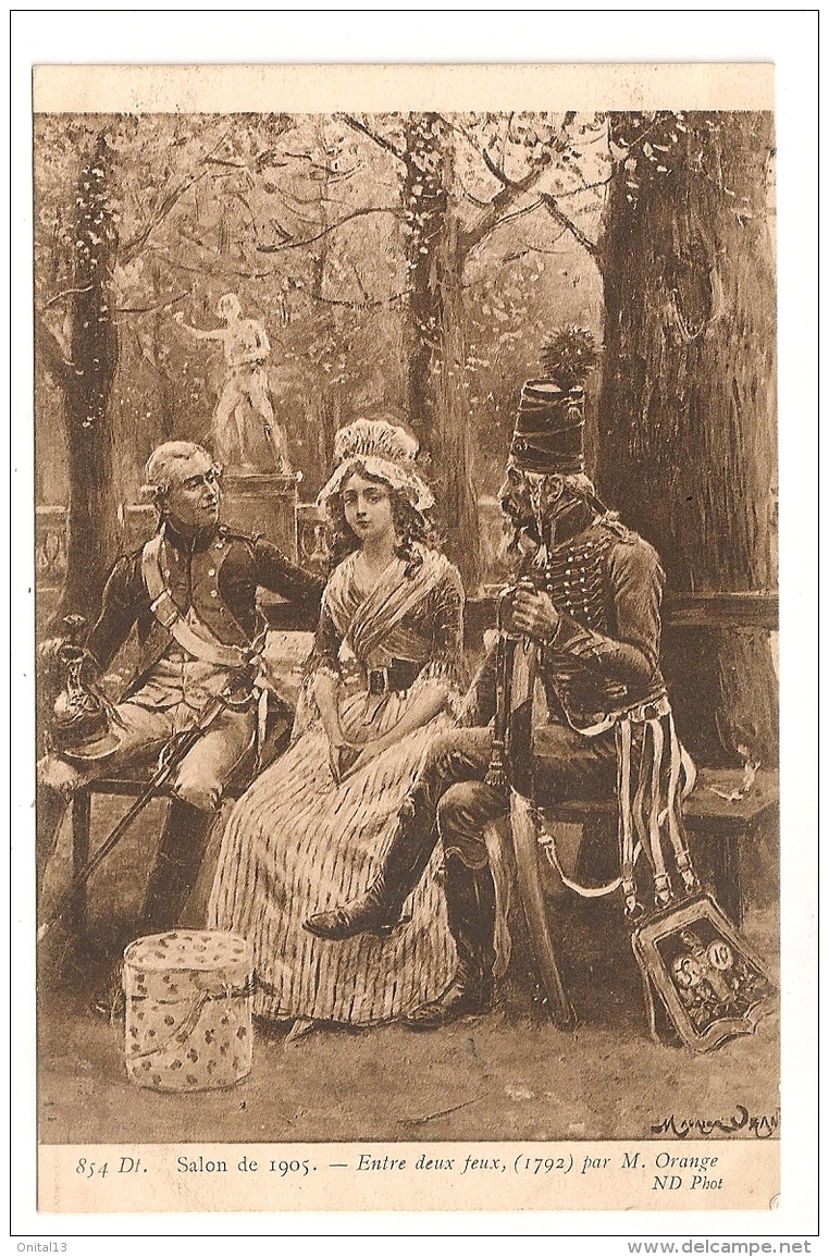 SALON DE 1905 MAURICE ORANGE / ENTRE DEUX FEUX /  FEMME SUR UN BANC ENTRE 2 MILITAIRES / MILITARIA   B124 - Peintures & Tableaux