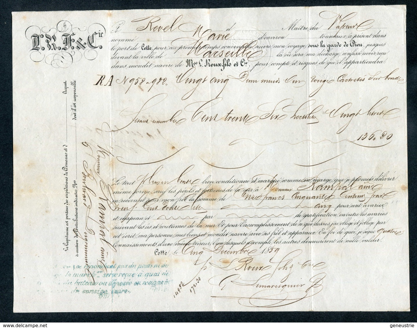 Connaissement - Lettre De Voiture Ou De Roulage 1859 - Port De Cette (Sète - Hérault) -> Marseille - Bill Of Lading - 1800 – 1899