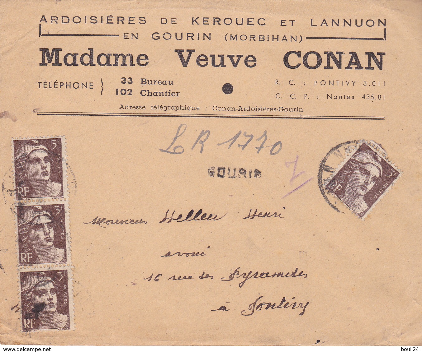 LETTRE RECOMMANDEE  DE GOURIN EN MORBIHAN  POUR PONTIVY DE MME VEUVE CONAN ARDOISIERES  DE KEROUEC   LE 12/03/1946 - 1921-1960: Periodo Moderno