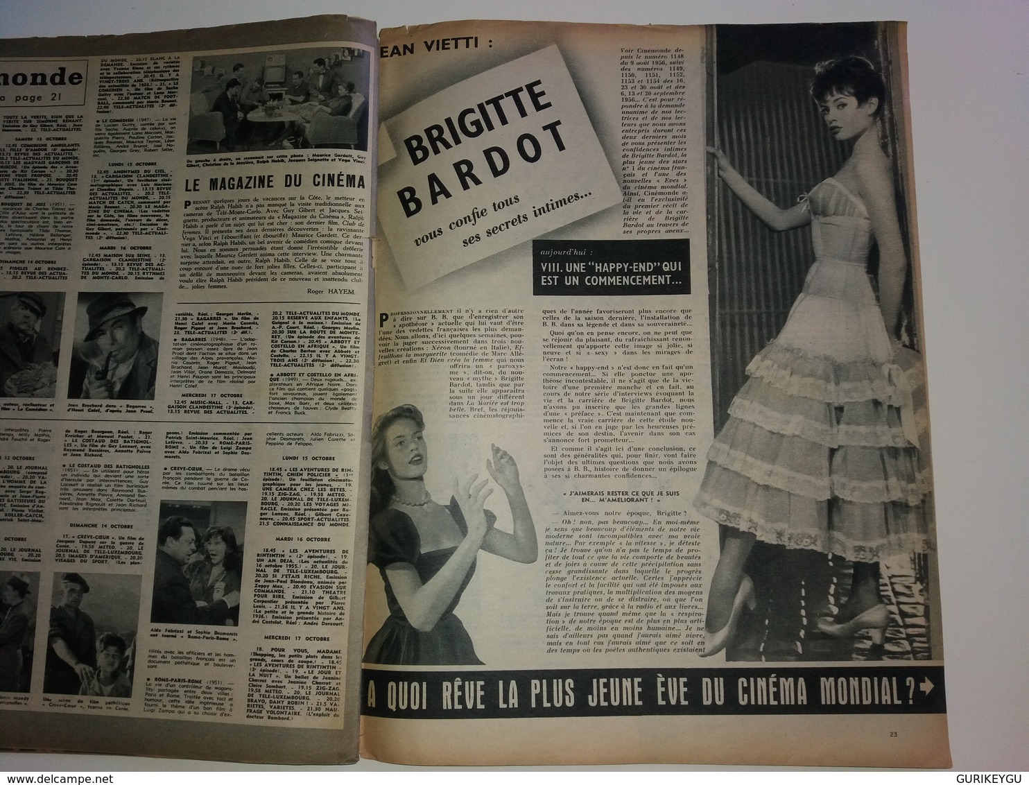 Ciné Monde  N° 1157  BRIGITTE BARDOT 11/10/1956  GILBERT BECAUD Rudolph VALENTINO  MICHELE MORGAN - People