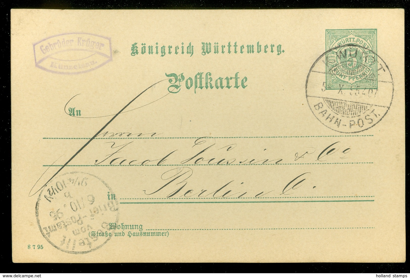 POSTKARTE KÖNIGREICH WÜRTTEMBERG * GELAUFEN 1895  Nach BERLIN     (11.444w) - Postwaardestukken