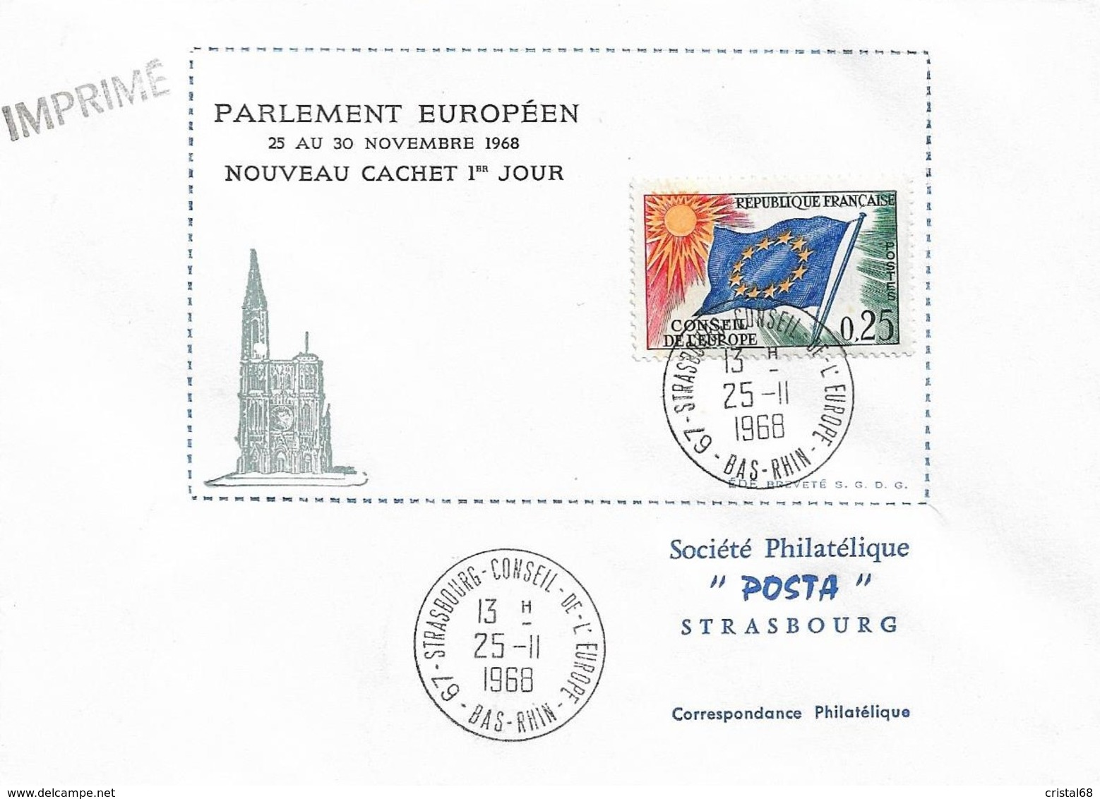 Envel. Parlement Européen Du 25.11 Au 30.11.1968 - Oblit. 25.11.68, Conseil De L'Europe STRASBOURG. Voir Descrip. - Other & Unclassified