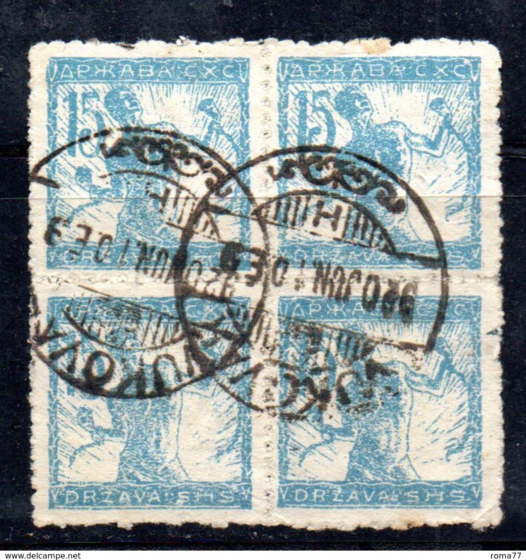 YUG6A - YUGOSLAVIA 1919 ,  Emissione Di Lubiana : 15 Heller Quartina Usata - Used Stamps