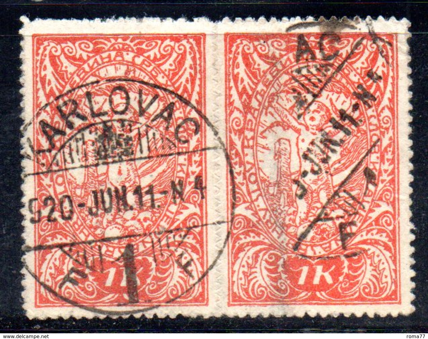 YUG44A - YUGOSLAVIA 1919 ,  Zig Zag : 1 Kr Coppia Usata Karlovac - Used Stamps