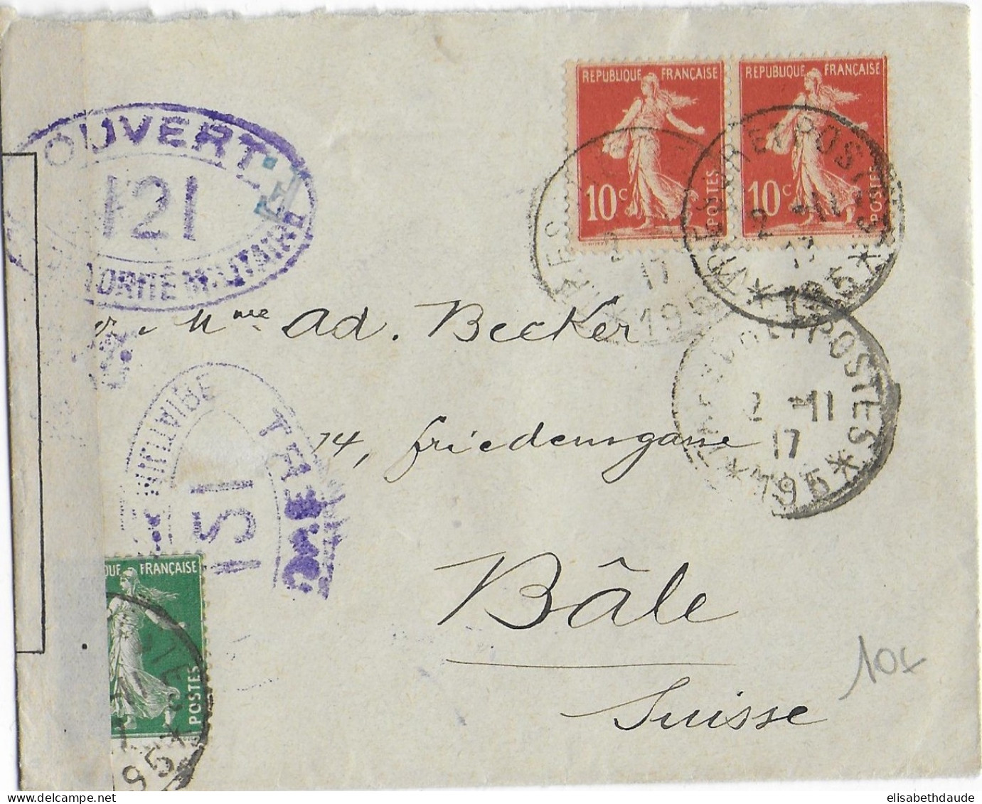 1917 - ENVELOPPE Du SP 195 AFFRANCHISSEMENT SEMEUSE Avec CENSURE => BALE SUISSE - 1906-38 Säerin, Untergrund Glatt